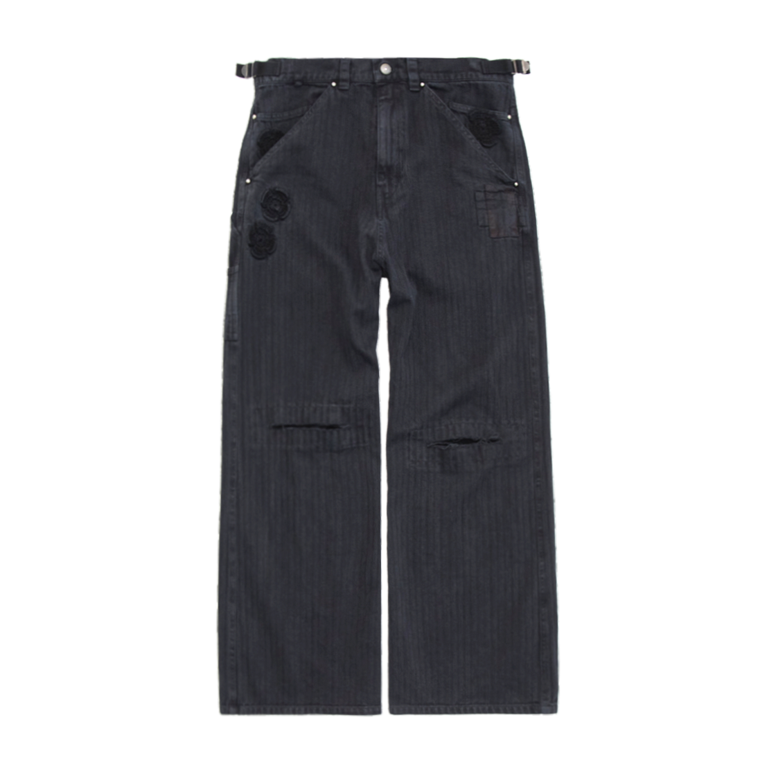 폴리테루 1011 크로스 패치드 팬츠 스트라이프 블랙 (컷 오프 니)(Polyteru 1011 Cross Patched Pants Striped Black (Cut Off Knee))