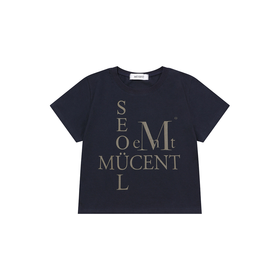 P0000BEH MUCENT Glyph Cross Seoul Lettering Logo Crop Half T Navy