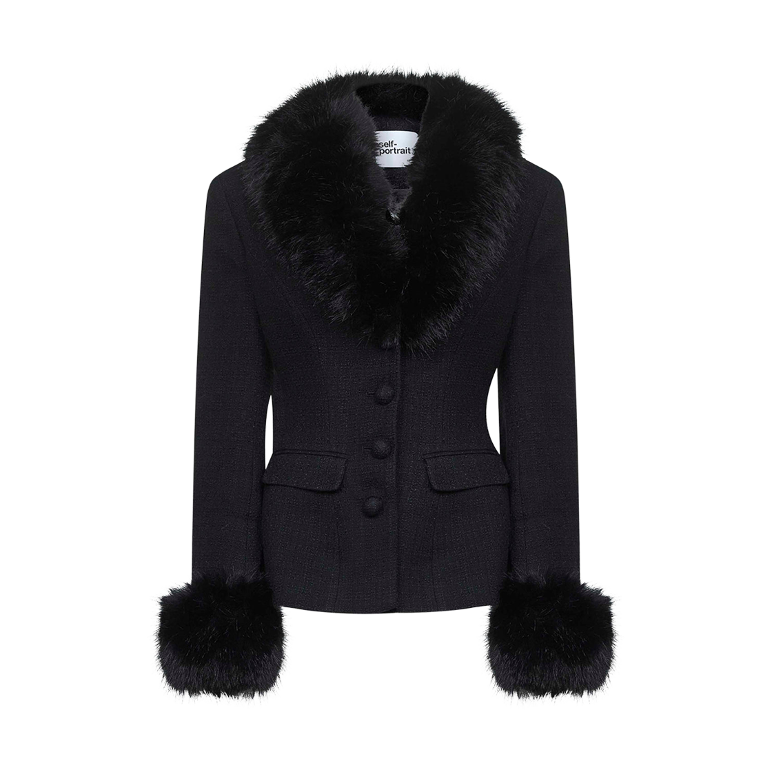 (W) 셀프 포트레이트 테일러드 부클 퍼 자켓 블랙((W) Self Portrait Tailored Boucle Fur Jacket Black)