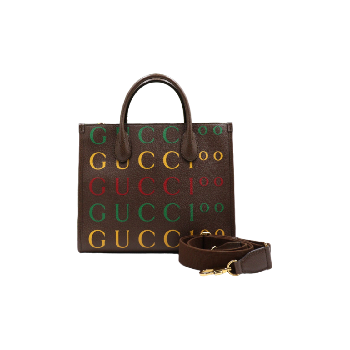 ITGTKU4UR9BW Gucci Brown Leather Logo Lettering 100 Small Tote Bag
