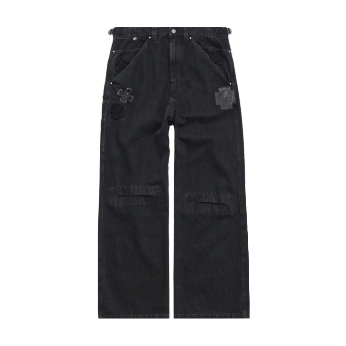 폴리테루 1011 크로스 패치드 데님 팬츠 블랙 (컷 오프 니)(Polyteru 1011 Cross Patched Denim Pants Black (Cut Off Knee))