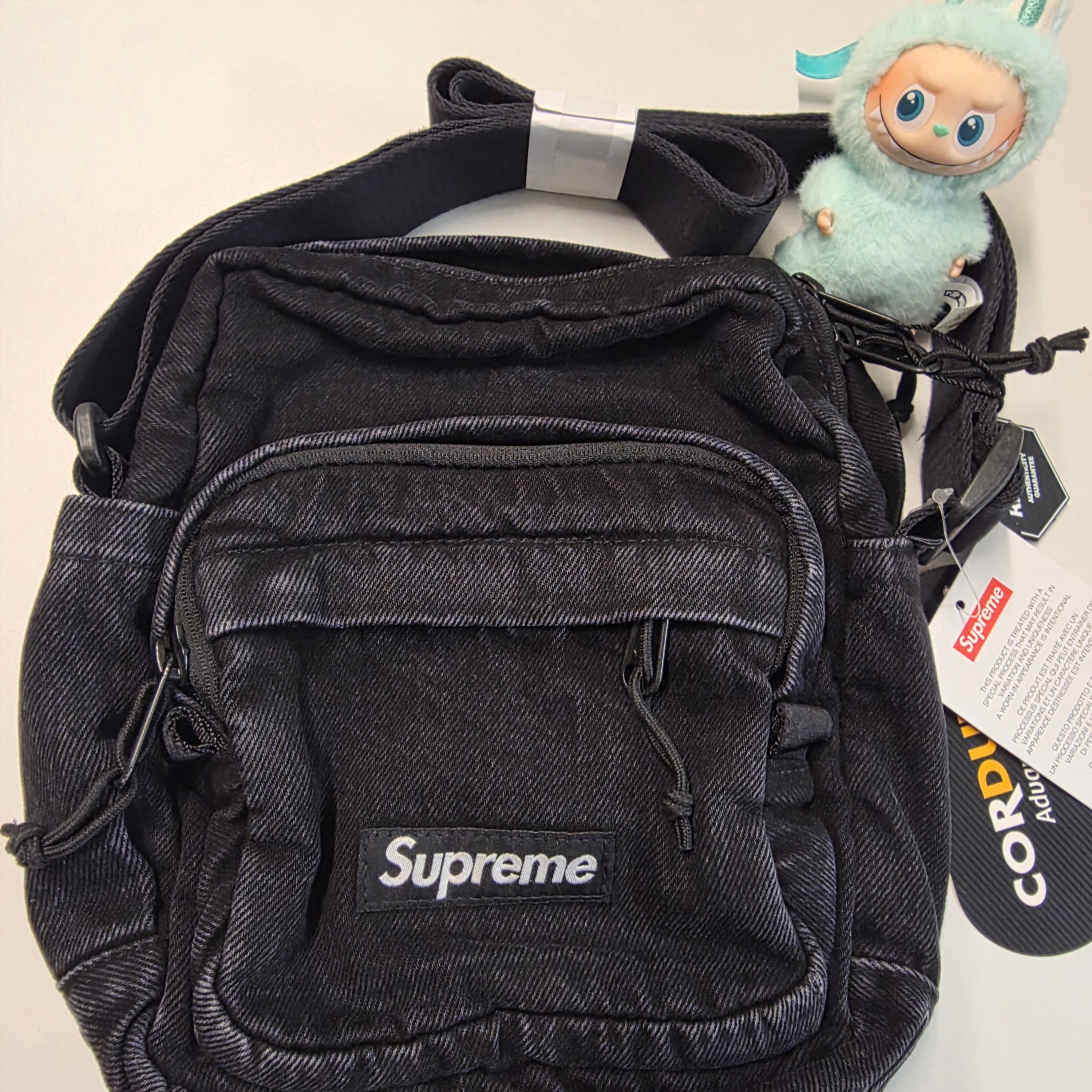 Supreme Denim Shoulder Bag Black - 25FW, Pop Mart Labubu The Monsters Pin For Love Series Vinyl Plush Pendant (A-M) I (Opened Case) 착용 스타일
