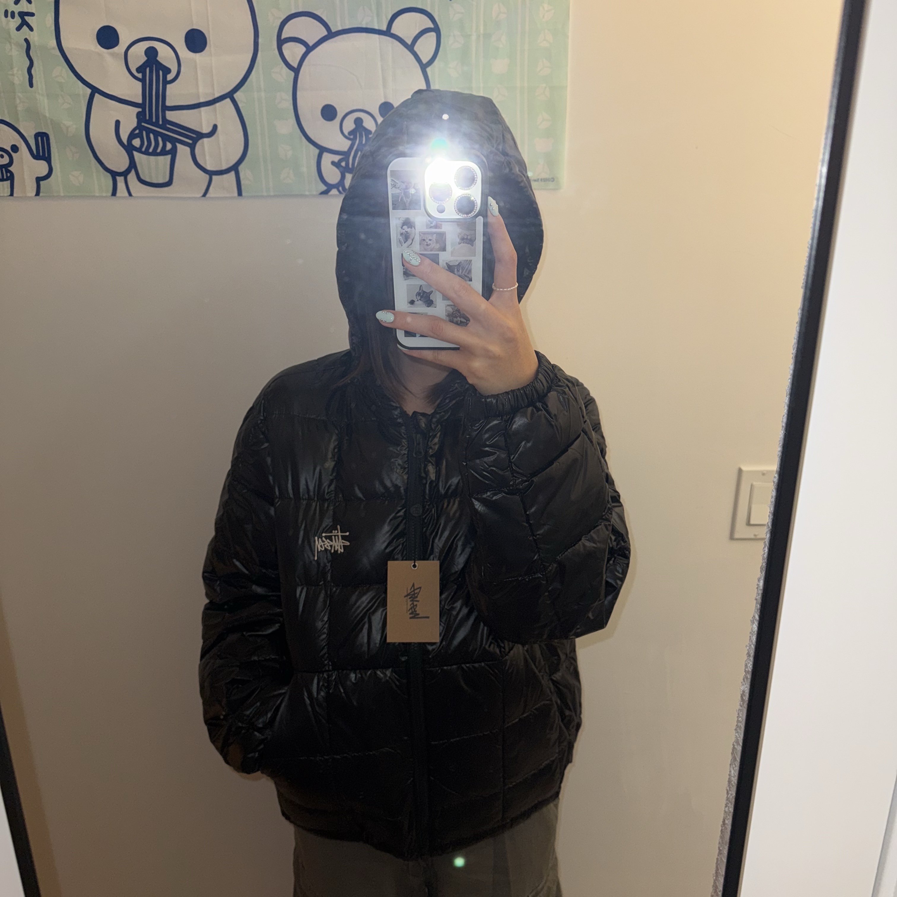 Stussy Midweight Hooded Puffer Black 착용 스타일 - 1