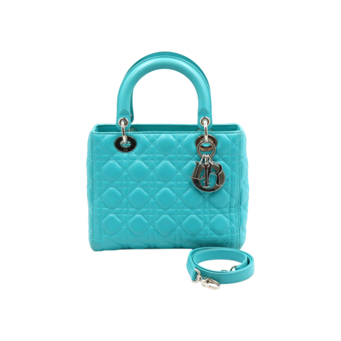 ITC8O2L4PB63 Dior Turquoise Blue Cannage Lady Dior Medium Silver-Tone Tote and Shoulder Bag AA51198
