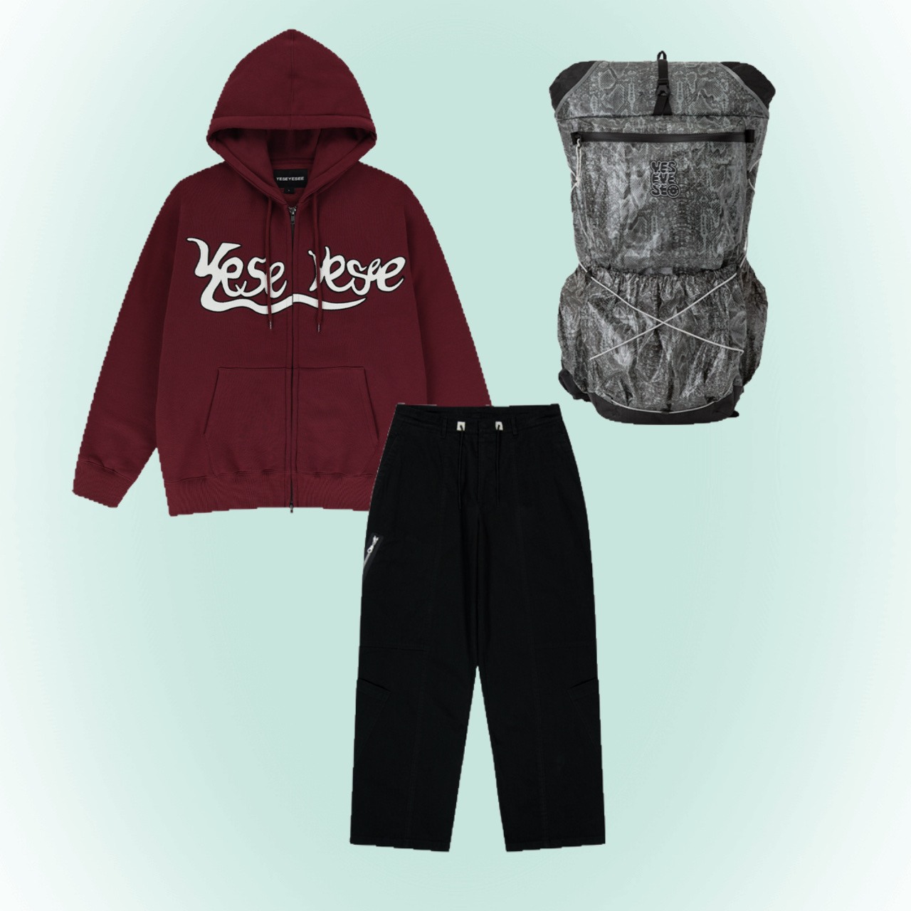 YESEYESEE Y.E.S Snail Logo Zip-up Hoodie Burgundy, YESEYESEE Paneled Multi Pocket Pants Black 착용 스타일