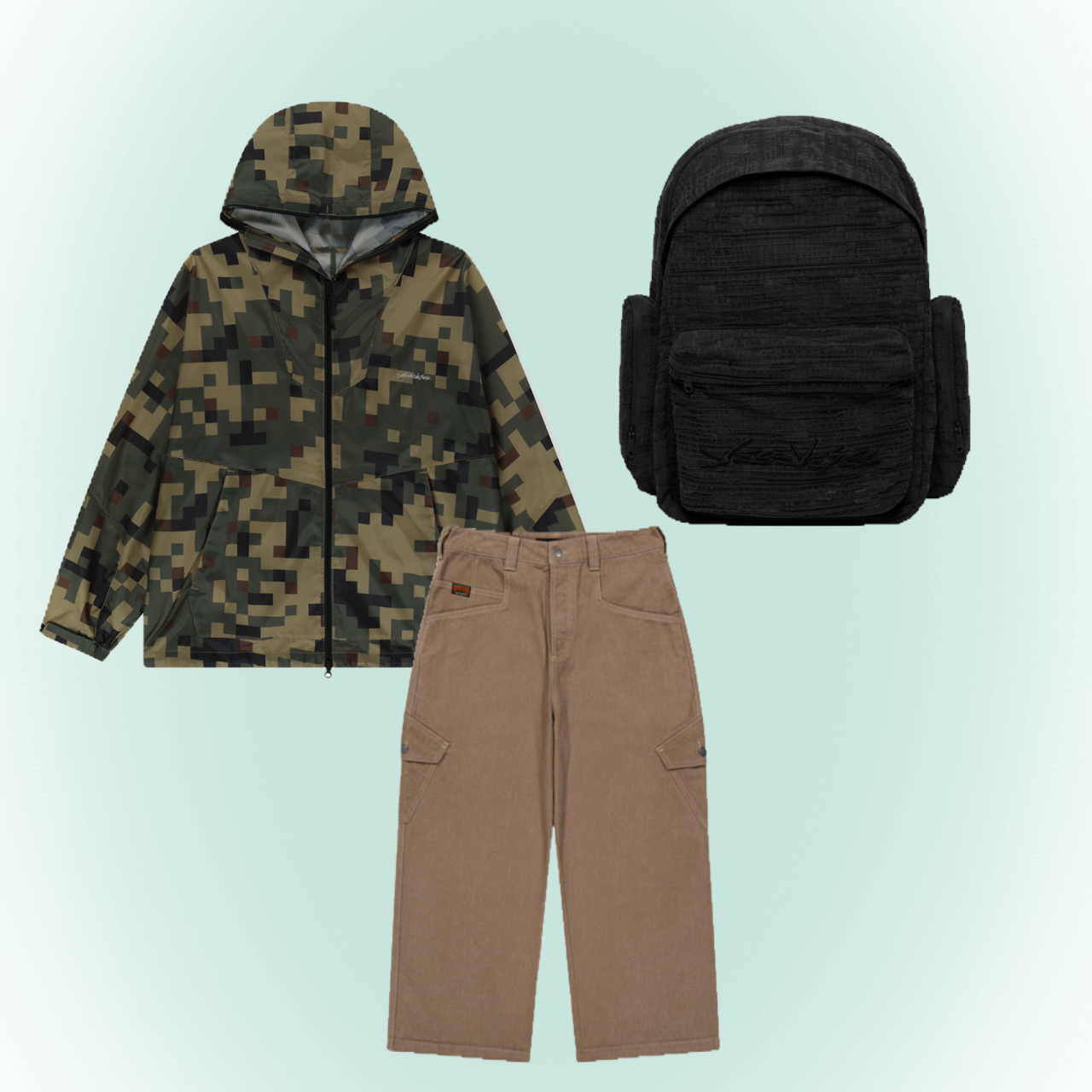 YESEYESEE Equip Windbreaker Camo, YESEYESEE Y.E.S Heavy Work Pants Brown 착용 스타일