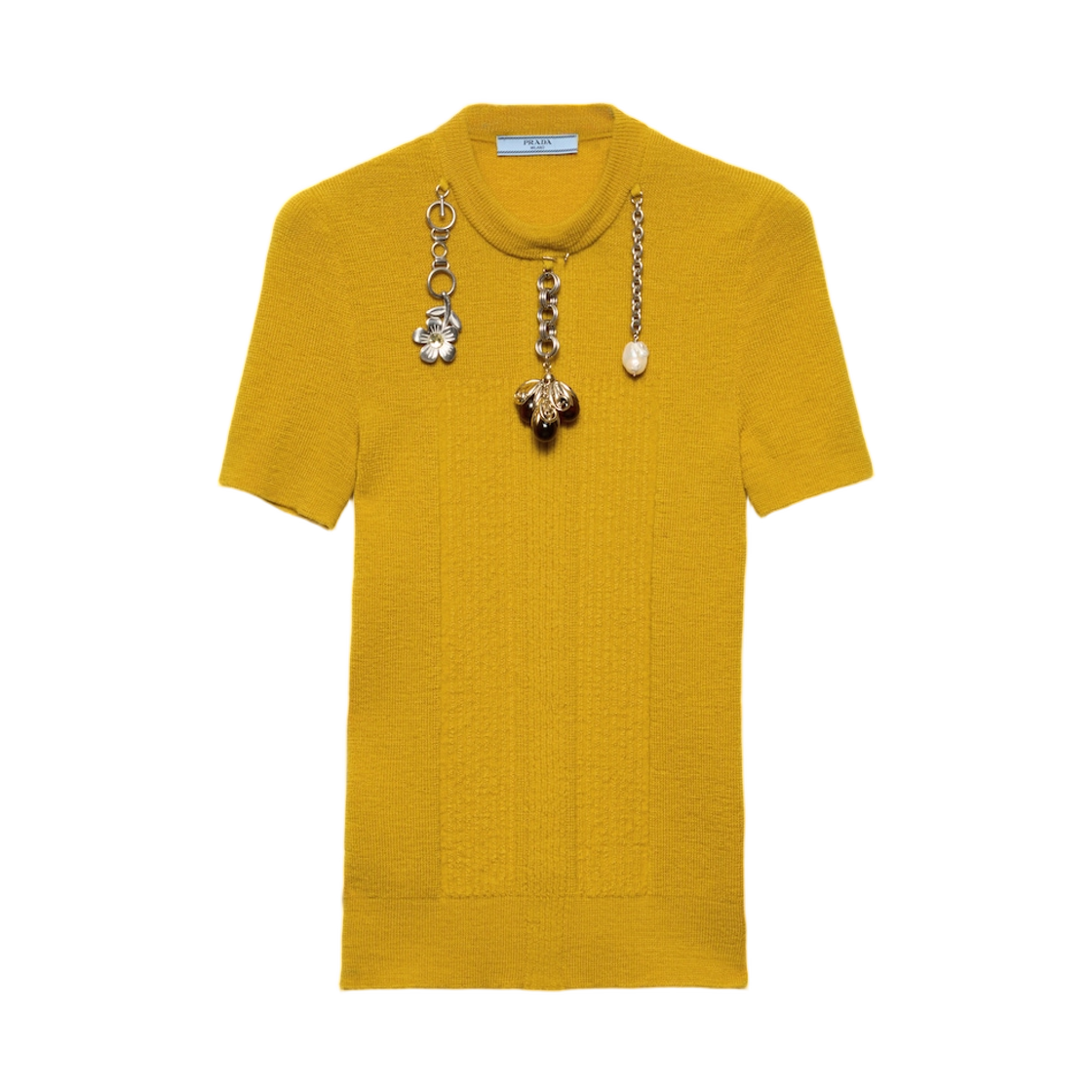(W) 프라다 숏슬리브 울 니트 스웨터 펜던트 머스타드((W) Prada Short-Sleeved Wool Knit Sweater with Pendants Mustard) - 1