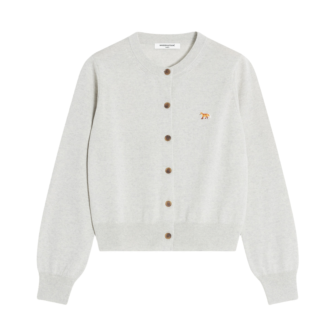 (W) 메종 키츠네 베이비 폭스 메리노 레귤러 가디건 라이트 그레이 멜란지((W) Maison Kitsune Baby Fox Merino Regular Cardigan Light Grey Melange)