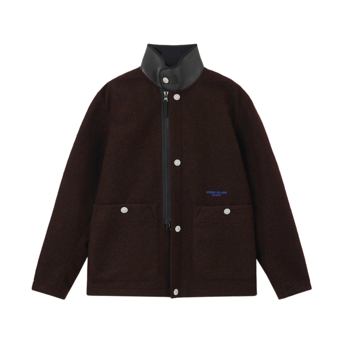 스톤 아일랜드 Q100020 펠티드 울 폴리에스터 스톤 아일랜드 마리나 자켓 스쿠바 스타일 칼라 앤 자수 마호가니 - 25FW(Stone Island Q100020 Felted Wool Polyester Stone Island Marina Jacket with Scuba-Style Collar and Embroidery Mahogany - 25FW) - 1