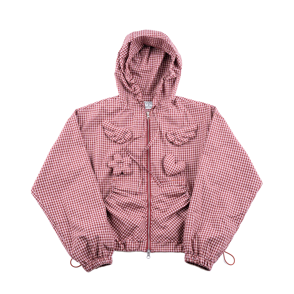 USM25JK01 Unsteadymarket Check Brooch Hooded Jacket Red