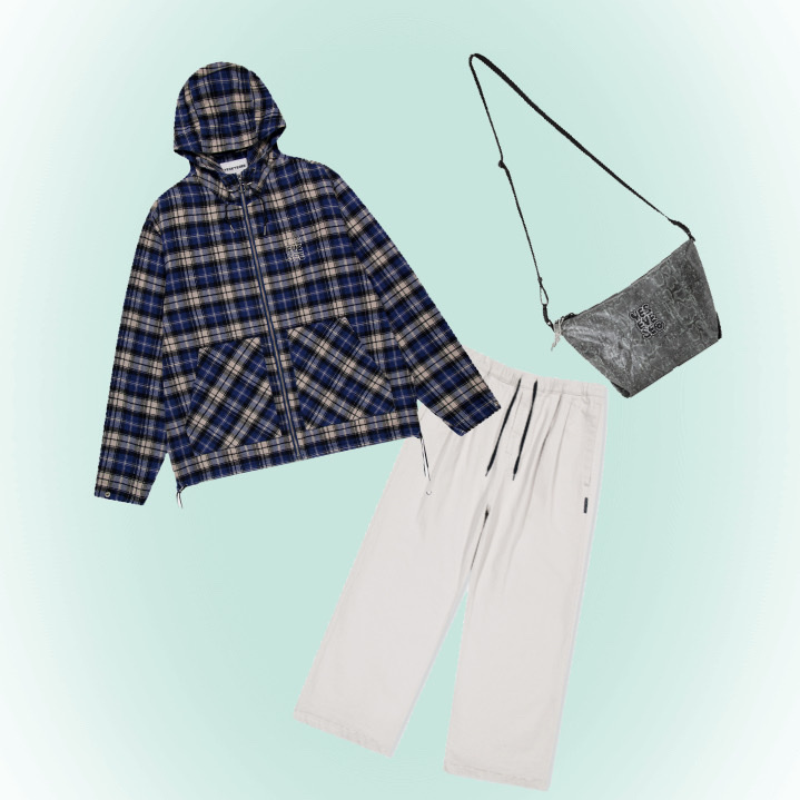 YESEYESEE Plaid Wing Jacket Blue, YESEYESEE Elastic Easy Cotton Pants Beige 착용 스타일