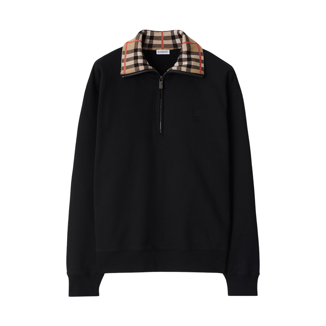 버버리 체크 칼라 코튼 하프 지퍼 스웨트셔츠 블랙(Burberry Check Collar Cotton Half Zip Sweatshirt Black) - 1