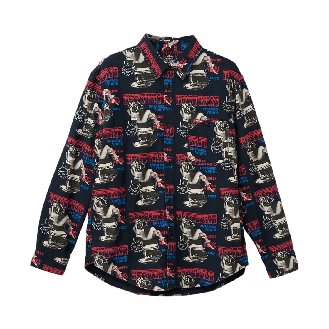 히스테릭 글래머 히스테릭 헤어컷 패턴 레귤러 칼라 셔츠 블랙(Hysteric Glamour Hysteric Hair Cut Pattern Regular Collar Shirt Black) - 1