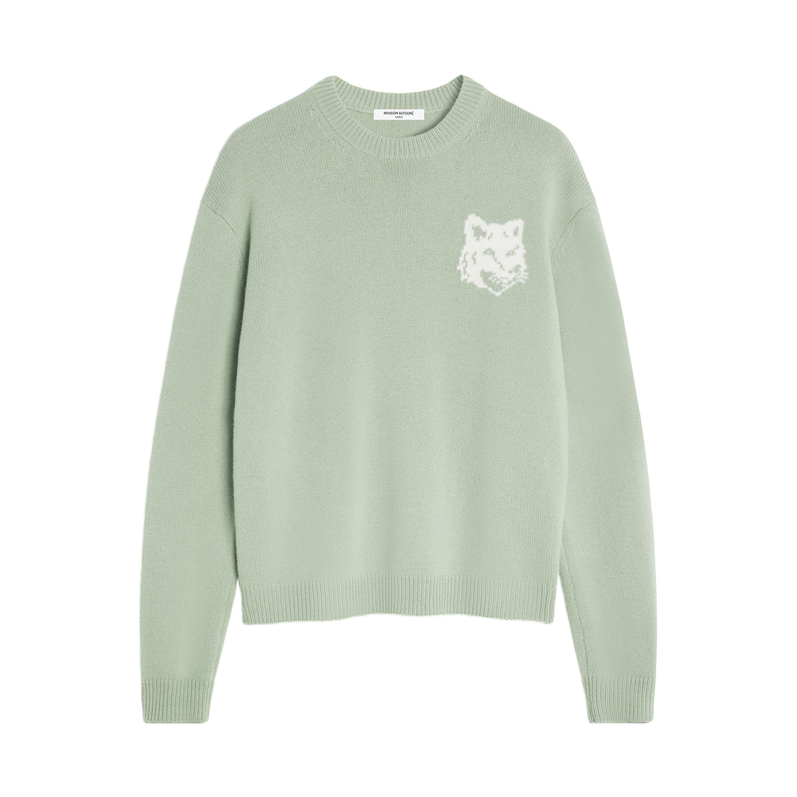 PM00816KM0329-0396 Maison Kitsune Fox Head Intarsia Merino Jumper Sage Green Ecru