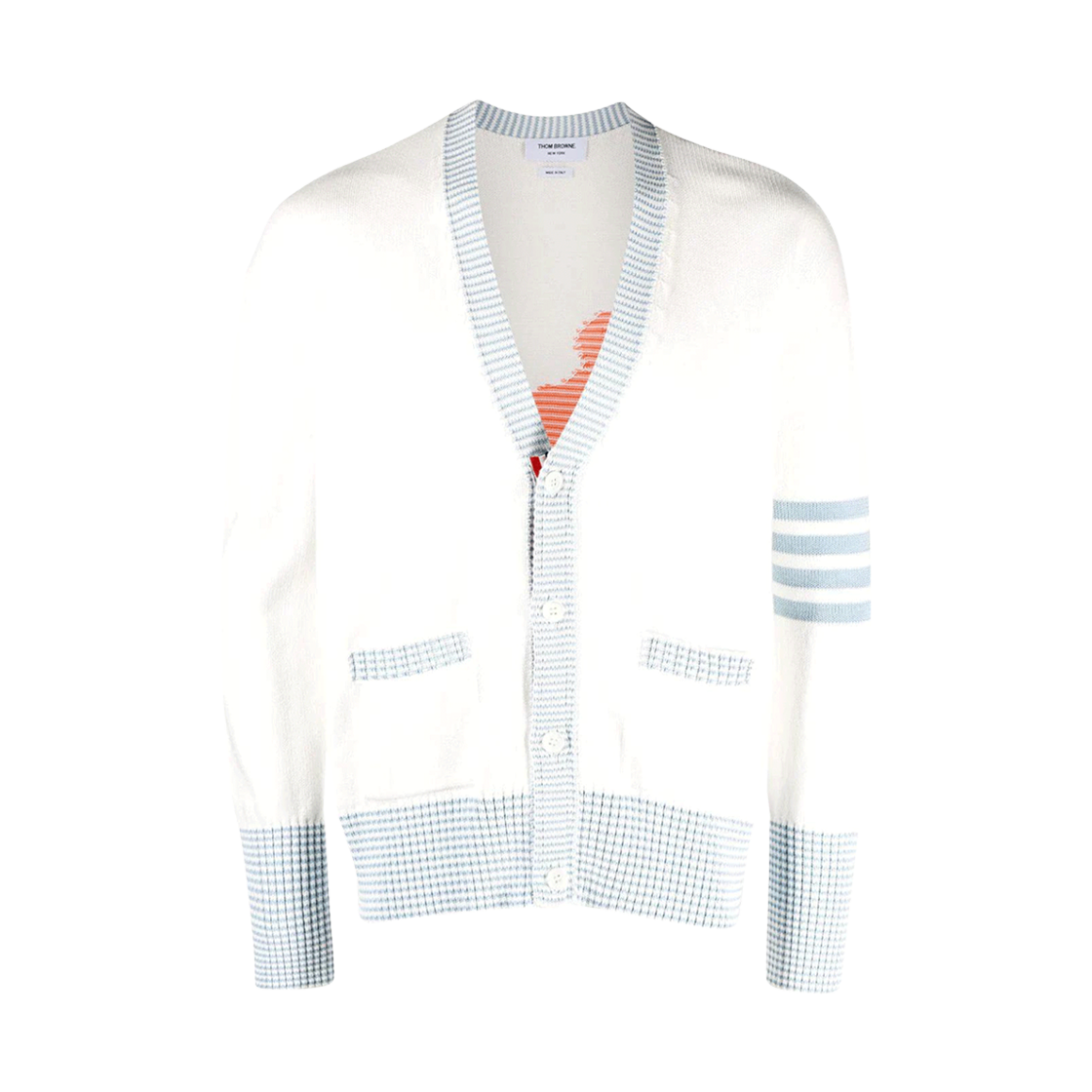 톰브라운 코튼 사선 브이넥 헥터 가디건 화이트(Thom Browne Cotton 4-Bar V-Neck Hector Cardigan White) - 1