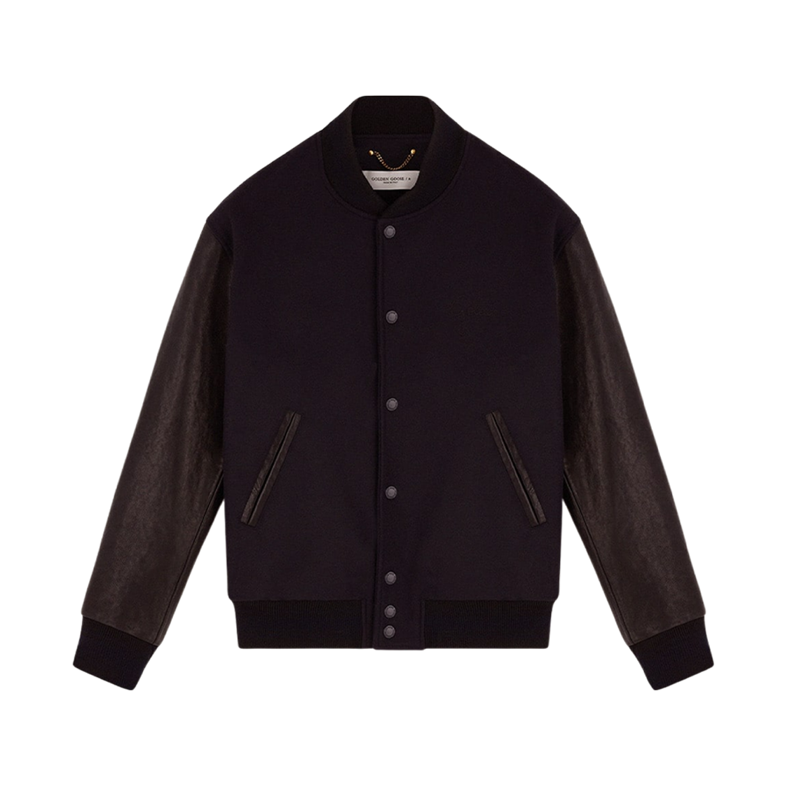 골든구스 레더 슬리브 울 봄버 자켓 다크 블루 블랙(Golden Goose Leather Sleeve Wool Bomber Jacket Dark Blue Black)