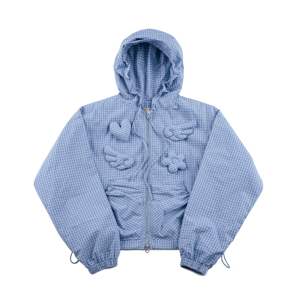 USM25JK02 Unsteadymarket Check Brooch Hooded Jacket Skyblue