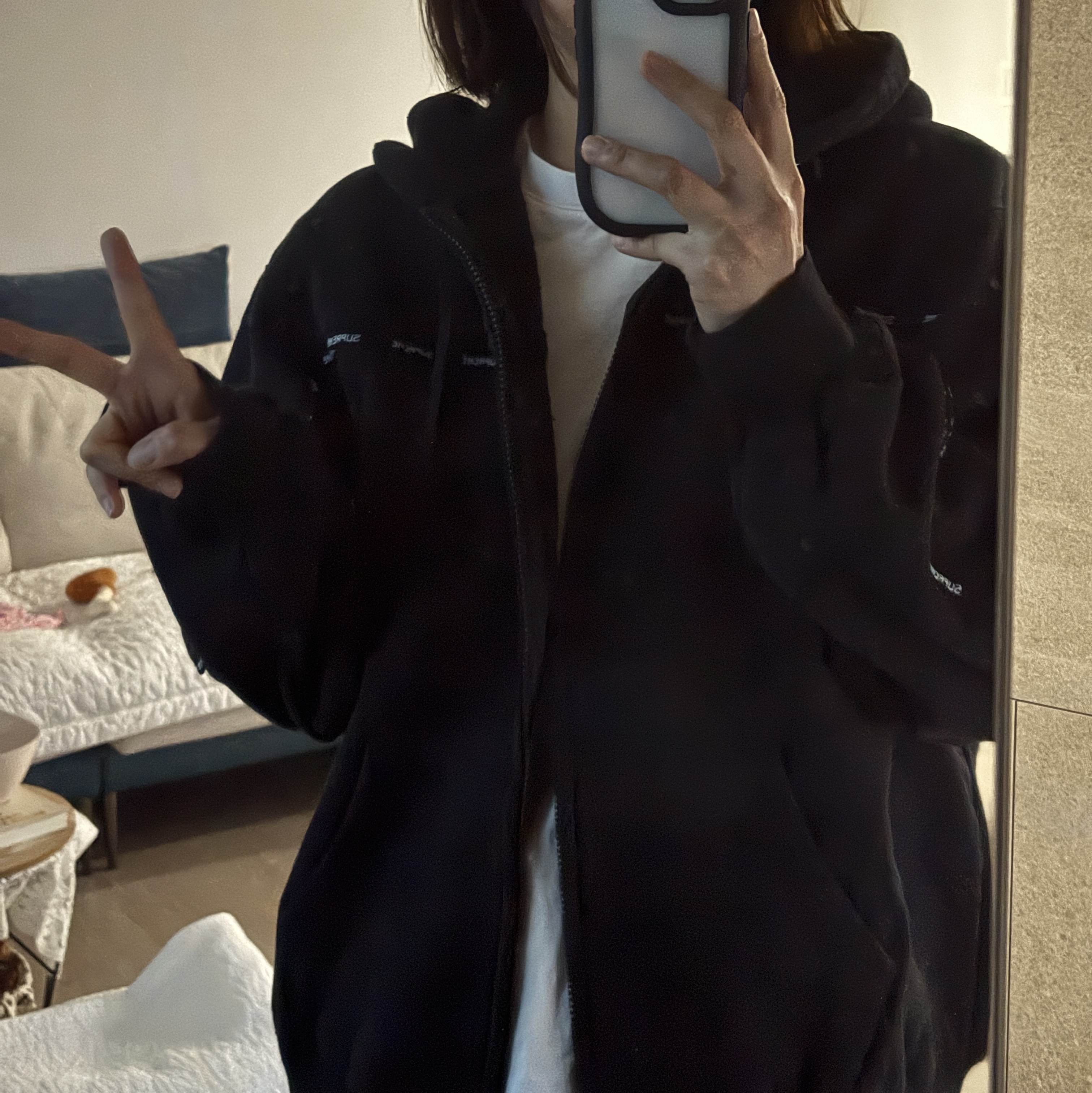 Supreme Piping Zip Up Hooded Sweatshirt Black - 25FW 착용 스타일 - 1