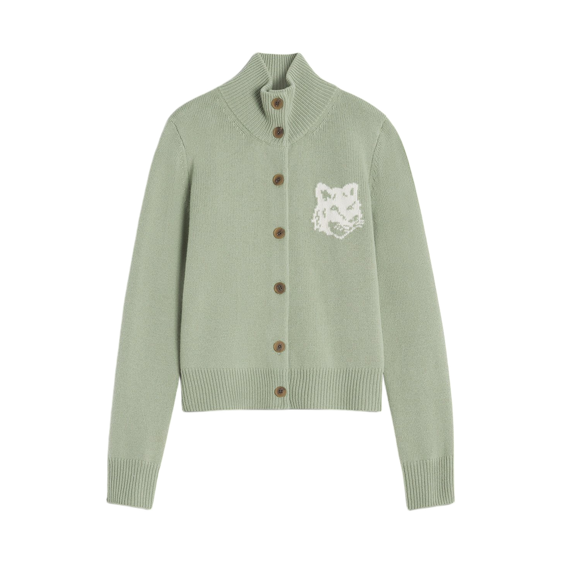 NW00509KM0329-0396 (W) Maison Kitsune Fox Head Intarsia Merino High Neck Cardigan Sage Green Ecru
