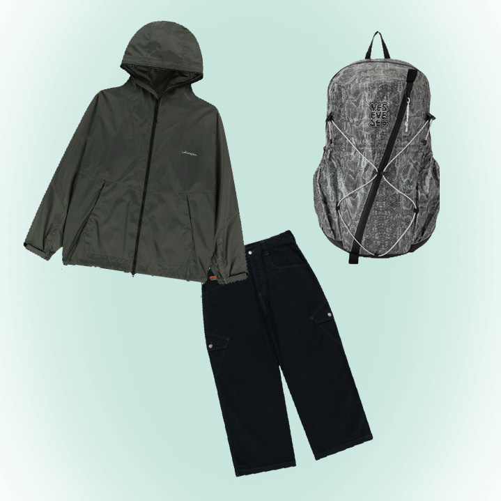 YESEYESEE Equip Windbreaker Charcoal, YESEYESEE Y.E.S Heavy Work Pants Black 착용 스타일