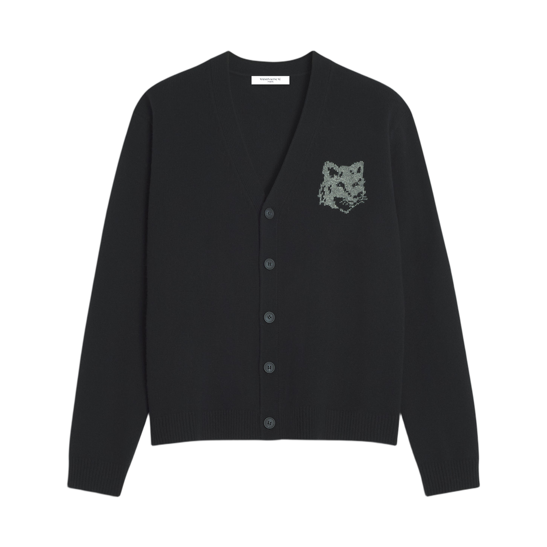 PM00509KM0329-0391 Maison Kitsune Fox Head Intarsia Merino Cardigan Black Medium Grey Melange
