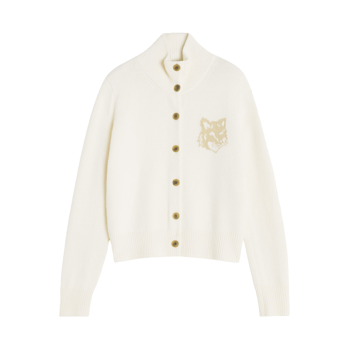 NW00509KM0329-0395 (W) Maison Kitsune Fox Head Intarsia Merino High Neck Cardigan Ecru Tan Beige