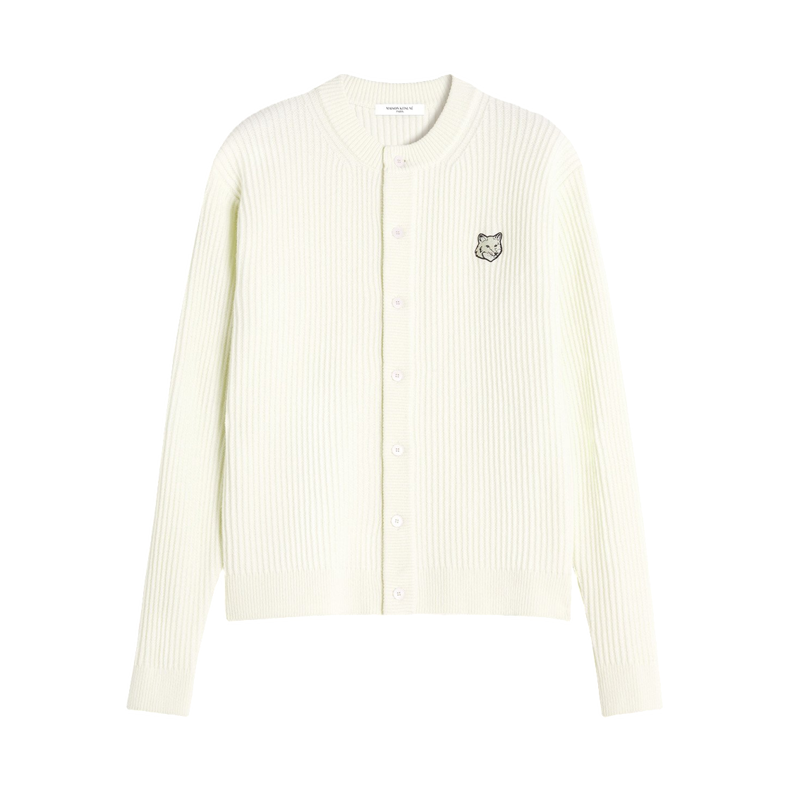 PM00508KT1149-P700 Maison Kitsune Fox Head Wool Ribbed Cardigan Ecru