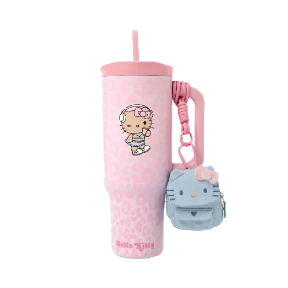 - Sanrio Hello Kitty x TBH Big Mac Insulated Straw Cup 1200ml Pink Leopard Print with Mini Storage Bag Pendant