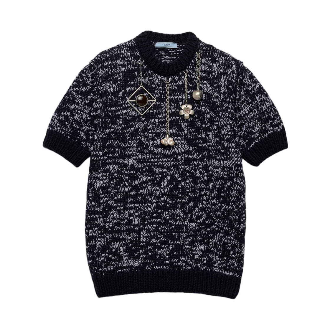 (W) 프라다 숏슬리브d 울 스웨터 펜던트 블루 화이트((W) Prada Short-Sleeved Wool Sweater with Pendants Blue White) - 1
