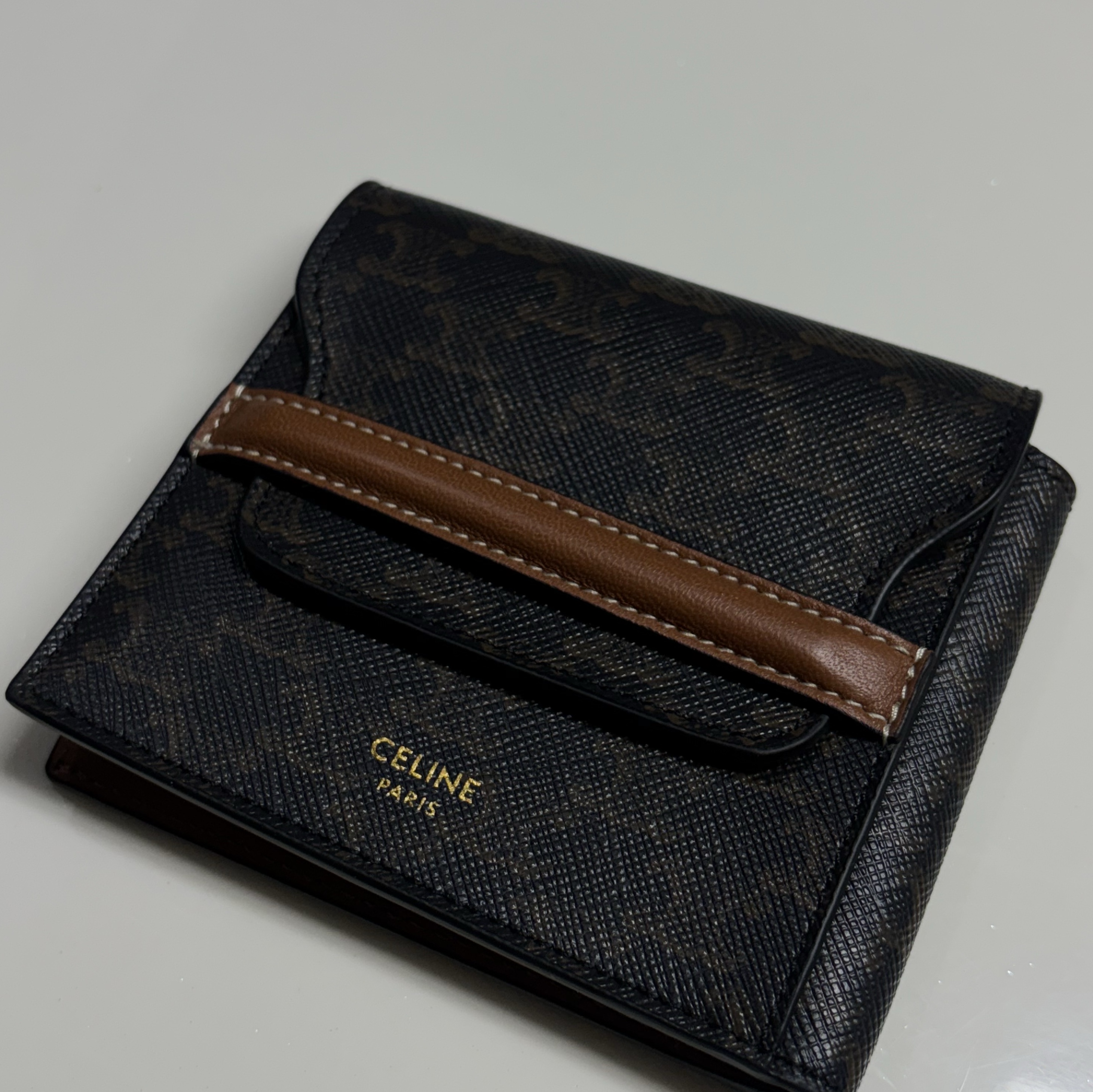 Celine Flap Origami Wallet in Triomphe Canvas and Lambskin Tan 착용 스타일 - 1