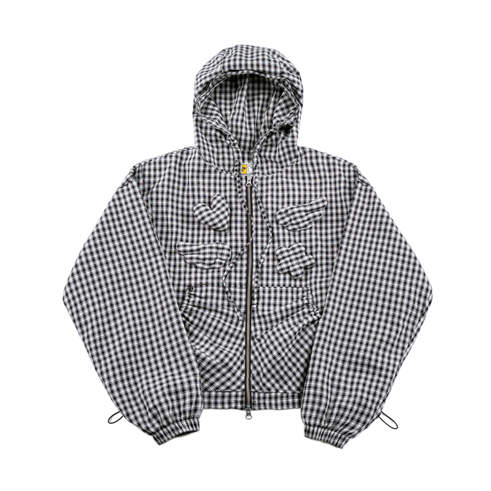 언스테디마켓 체크 브로치 후드 자켓 블랙(Unsteadymarket Check Brooch Hooded Jacket Black)