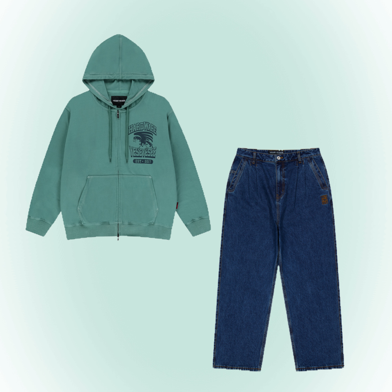YESEYESEE Y.E.S Single Stitch Hoodie Teal, YESEYESEE Two Tucked Denim Pants Indigo 착용 스타일