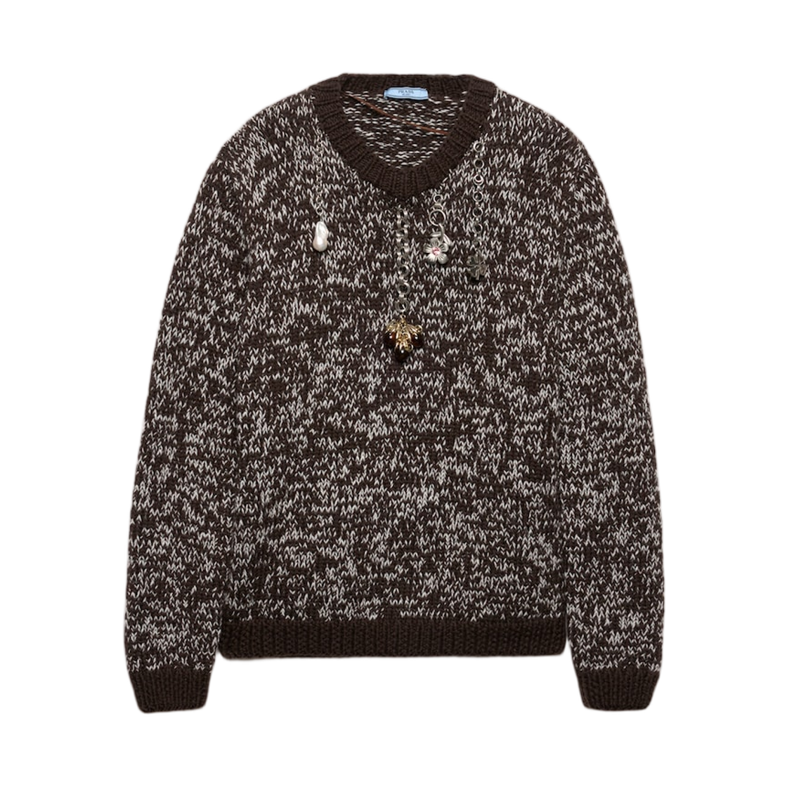 (W) 프라다 울 크루넥 스웨터 펜던트 다크 브라운 탄((W) Prada Wool Crew-Neck Sweater with Pendants Dark Brown Tan) - 1