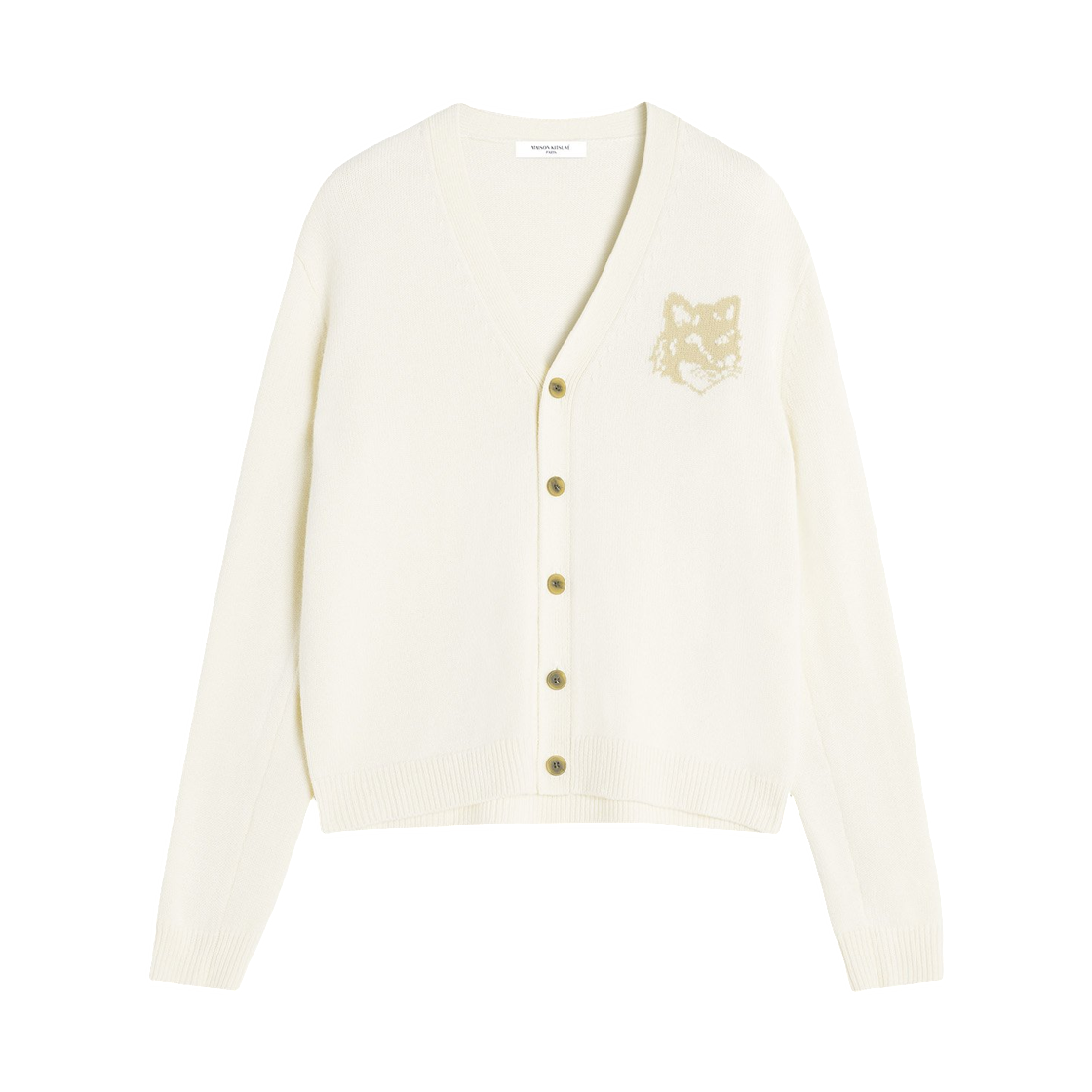 PM00509KM0329-0395 Maison Kitsune Fox Head Intarsia Merino Cardigan Ecru Tan Beige