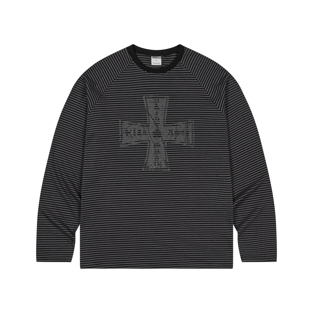 AM25FWLS04BK AMOU Cross Stirpe Reglan Long Sleeve Black