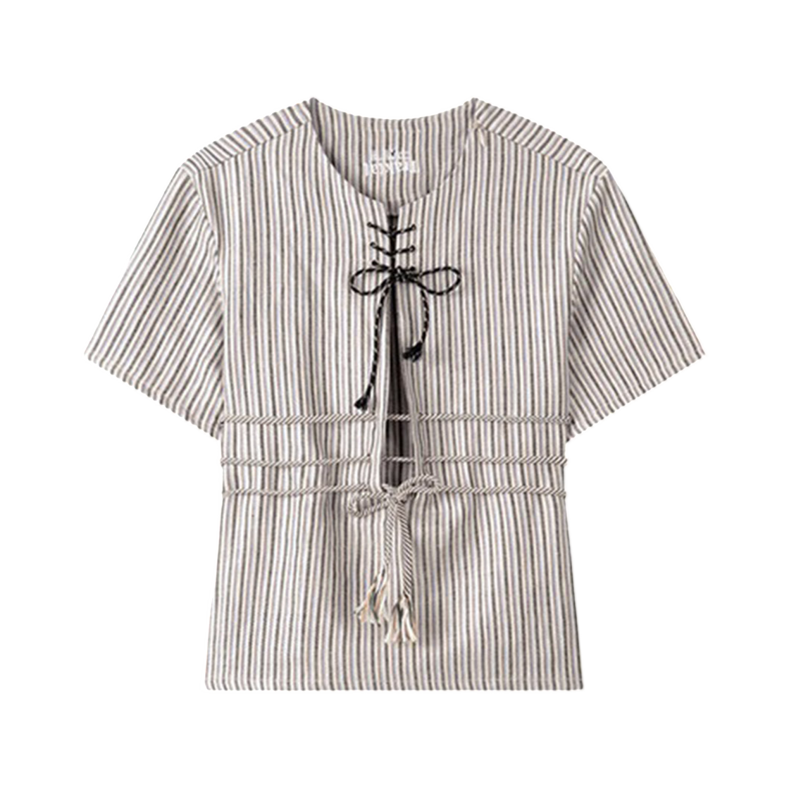 트락타트 바운더리 레이스업 린넨 스트라이프 셔츠 베이지(Traktat Boundary Lace-up Linen Stripe Shirt Beige)