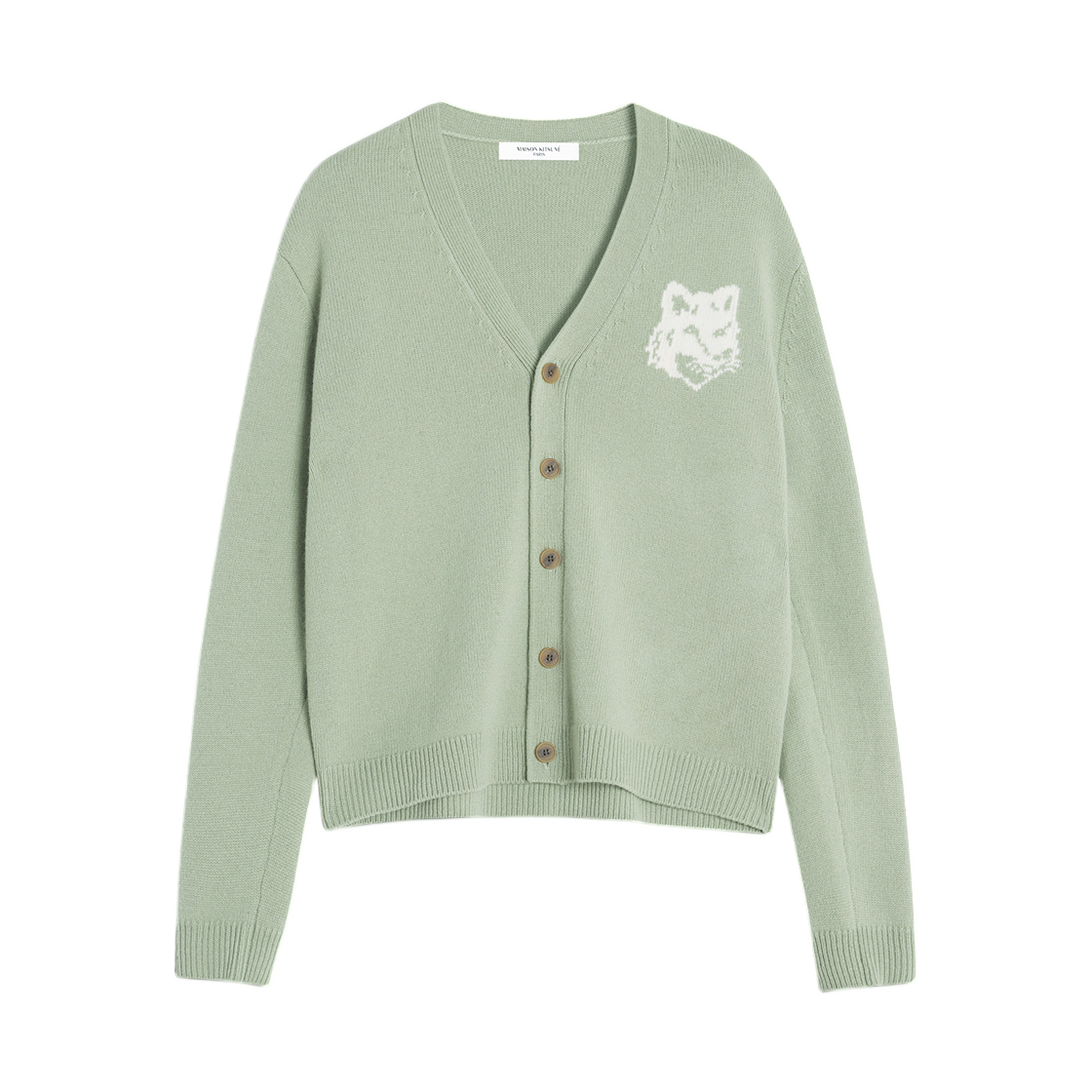PM00509KM0329-0396 (W) Maison Kitsune Fox Head Intarsia Merino Cardigan Sage Green Ecru