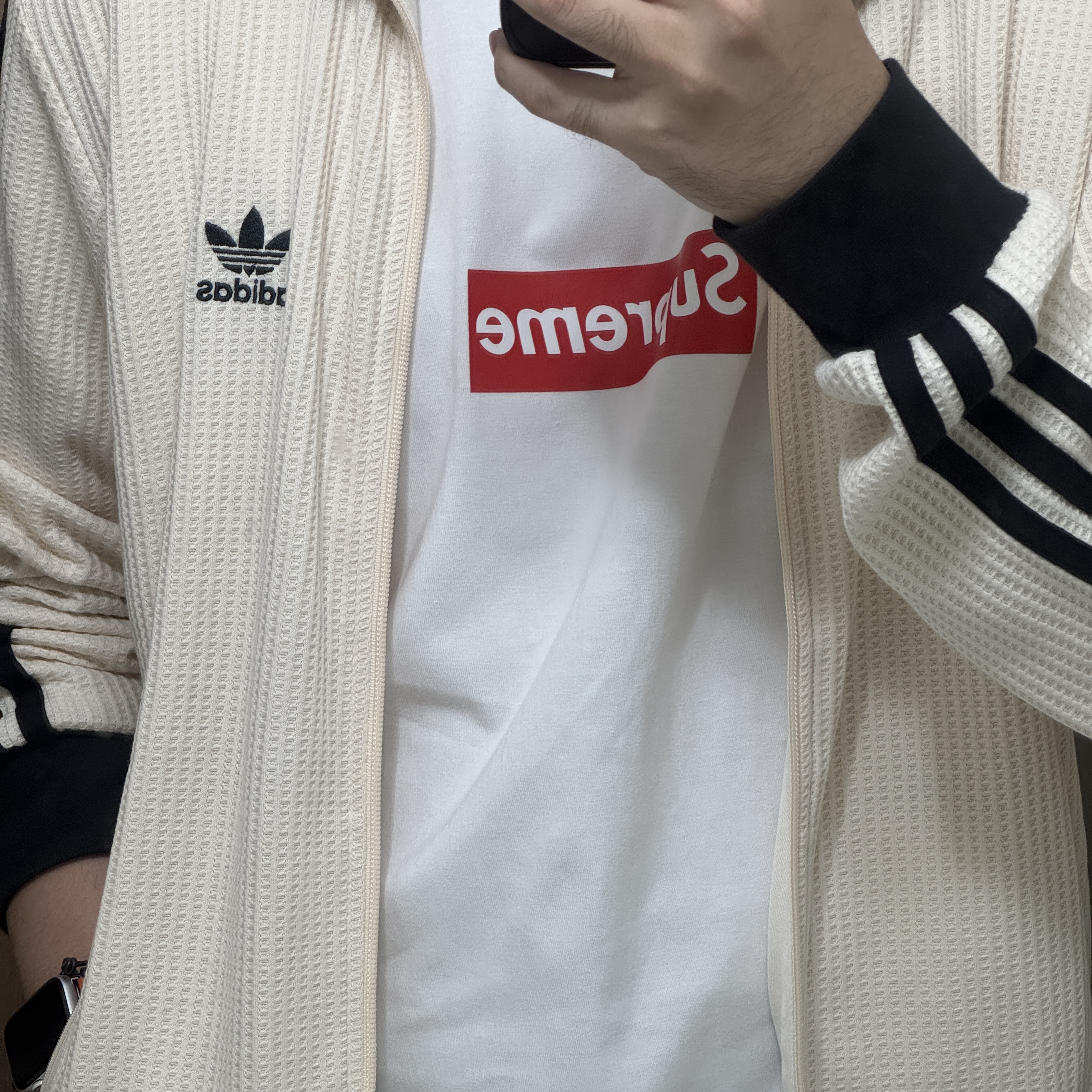 Adidas Waffle Beckenbauer Track Top Wonder White - KR Sizing, Supreme West Hollywood Box Logo T-Shirt White - 23SS 착용 스타일
