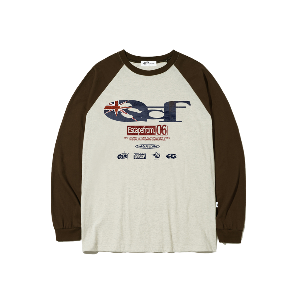 E252LS037BW Escapefrom British Vintage ESCF Logo Collage Print Long Sleeve T-shirt Brown