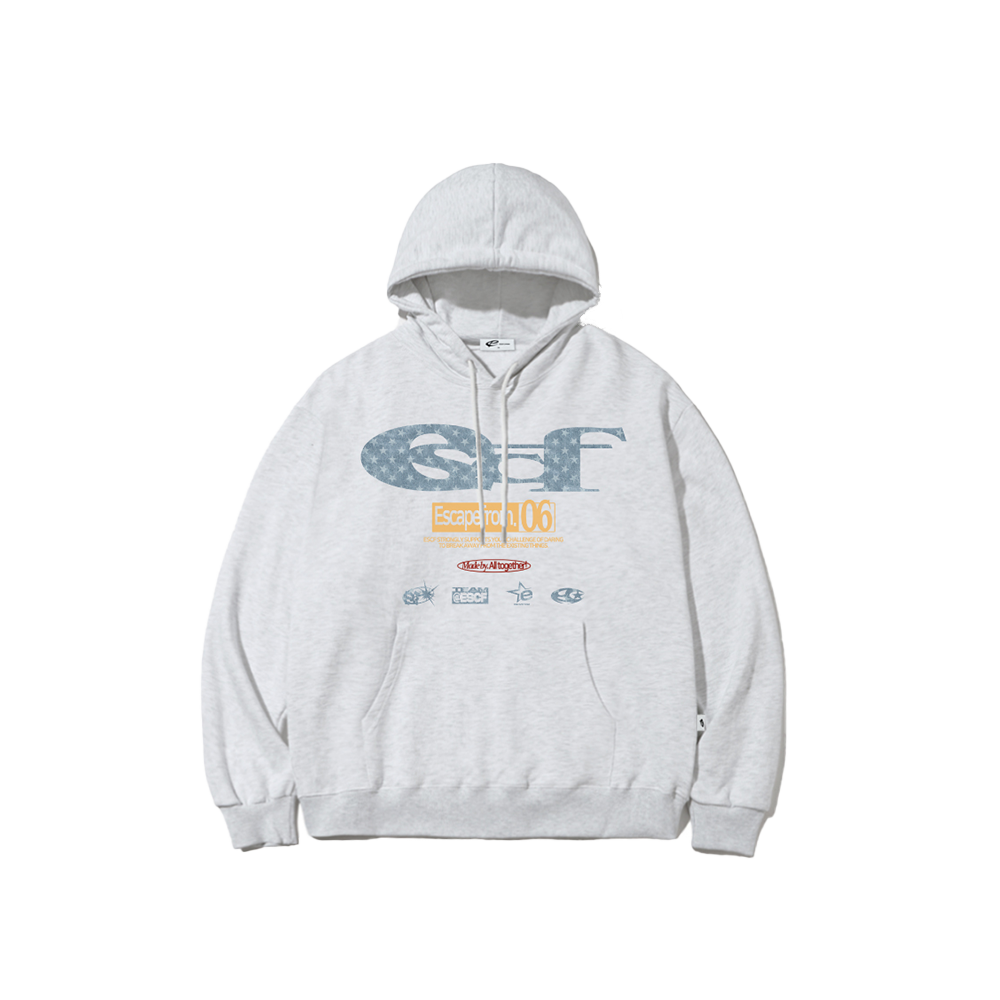 이스케이프프롬 블루 별 데님 ESCF 로고 콜라주 프린트 후드티 화이트멜란지(Escapefrom Blue Star Denim ESCF Logo Collage Print Hoodie White Melange) - 1
