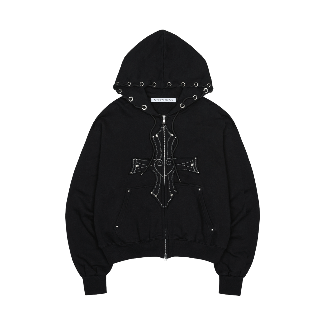 NK5FLS02 Notknowing Eyelet Cross Hood Zip Up Black