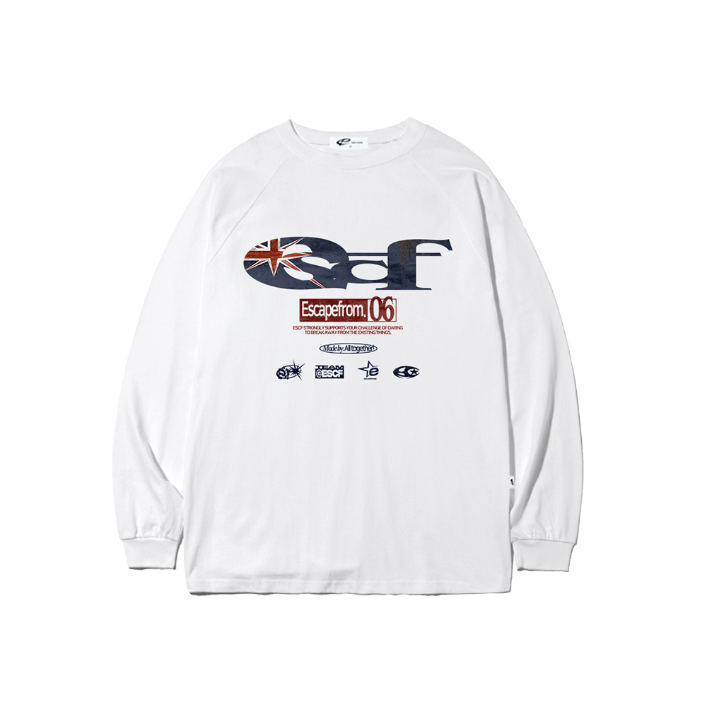 E252LS035WH Escapefrom British Vintage ESCF Logo Collage Print Long Sleeve T-shirt White