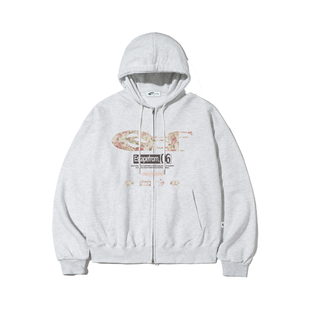 E252HZ013WM Escapefrom Flower ESCF Logo Collage Print Two-Way Hoodie Zip-Up White Melange