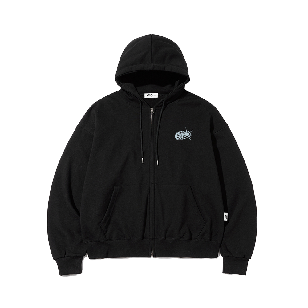 E252HZ023BK Escapefrom Logo Assembly Print Two-Way Hoodie Zip-Up Black