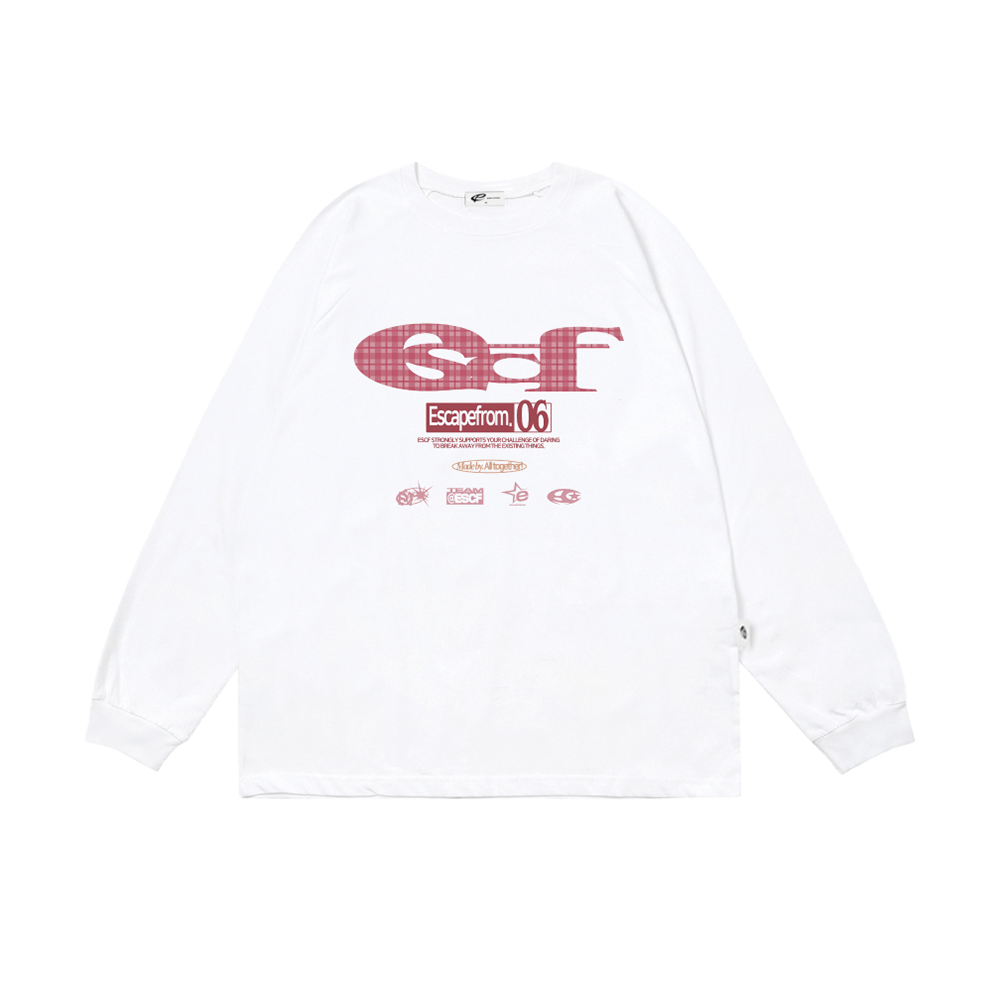 E252LS021WH Escapefrom Pink Check ESCF Logo Collage Print Long Sleeve T-shirt White