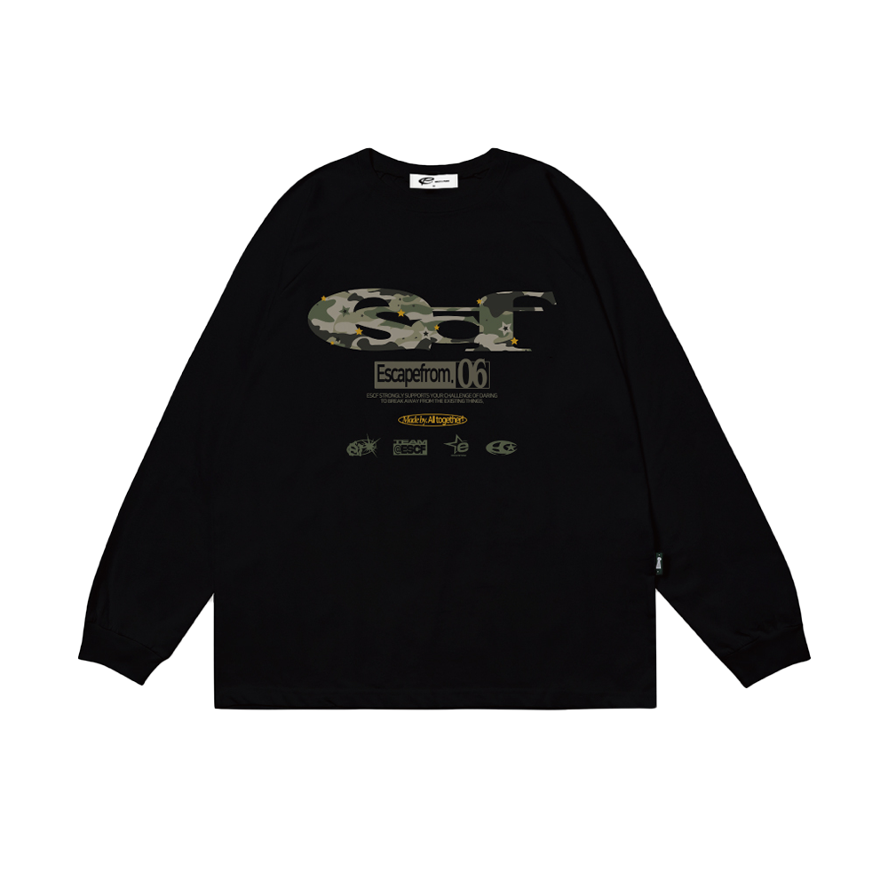 이스케이프프롬 스타 카모 ESCF 로고 콜라주 프린트 롱슬리브 올블랙(Escapefrom Star Camo ESCF Logo Collage Print Long Sleeve T-shirt All Black) - 1