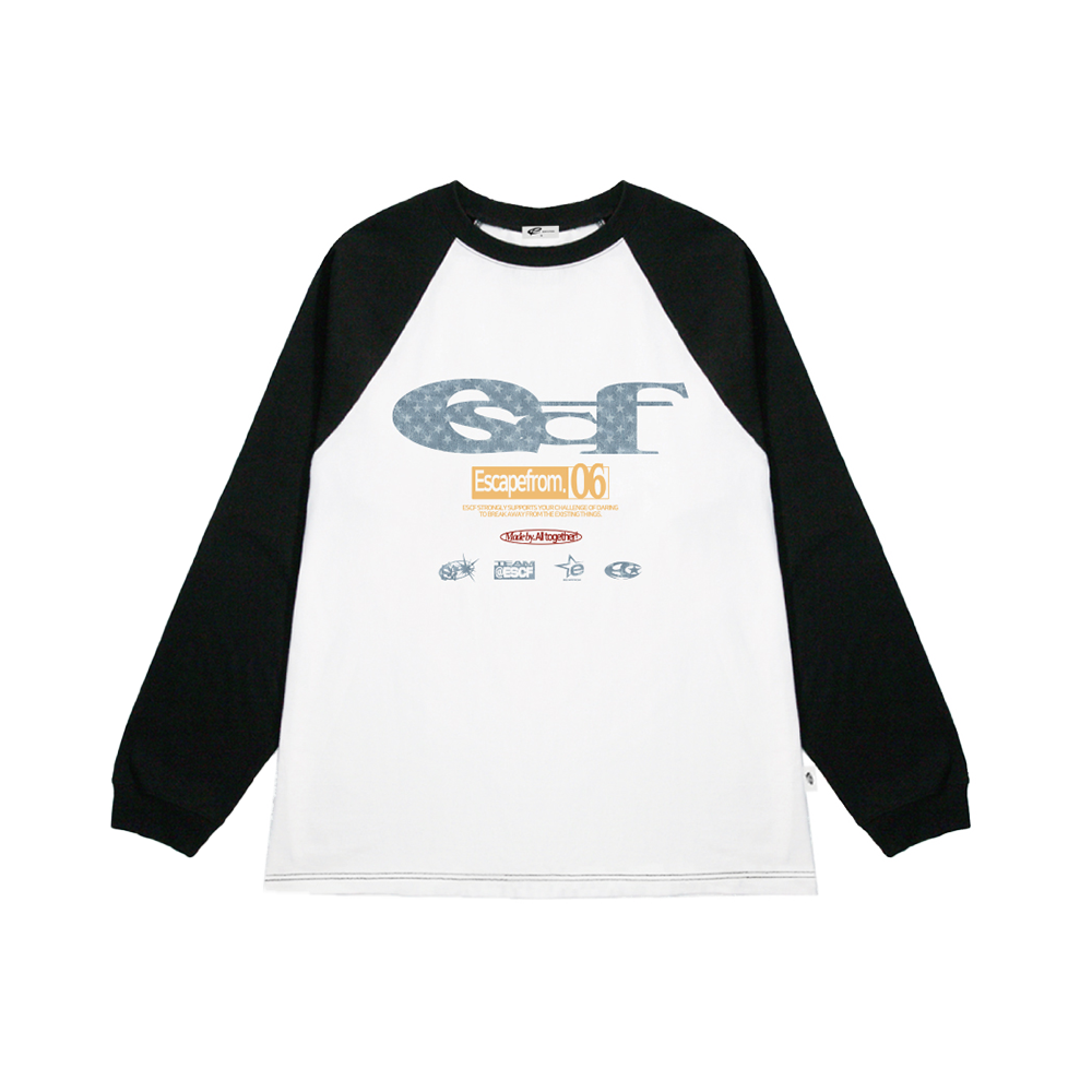 E252LS013BK Escapefrom Blue Star Denim ESCF Logo Collage Print Long Sleeve T-shirt Black