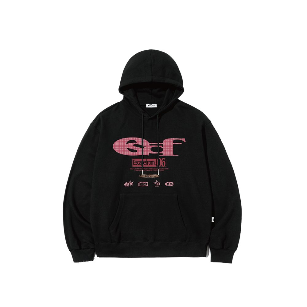 E252HD019BK Escapefrom Pink Check ESCF Logo Collage Print Hoodie Black