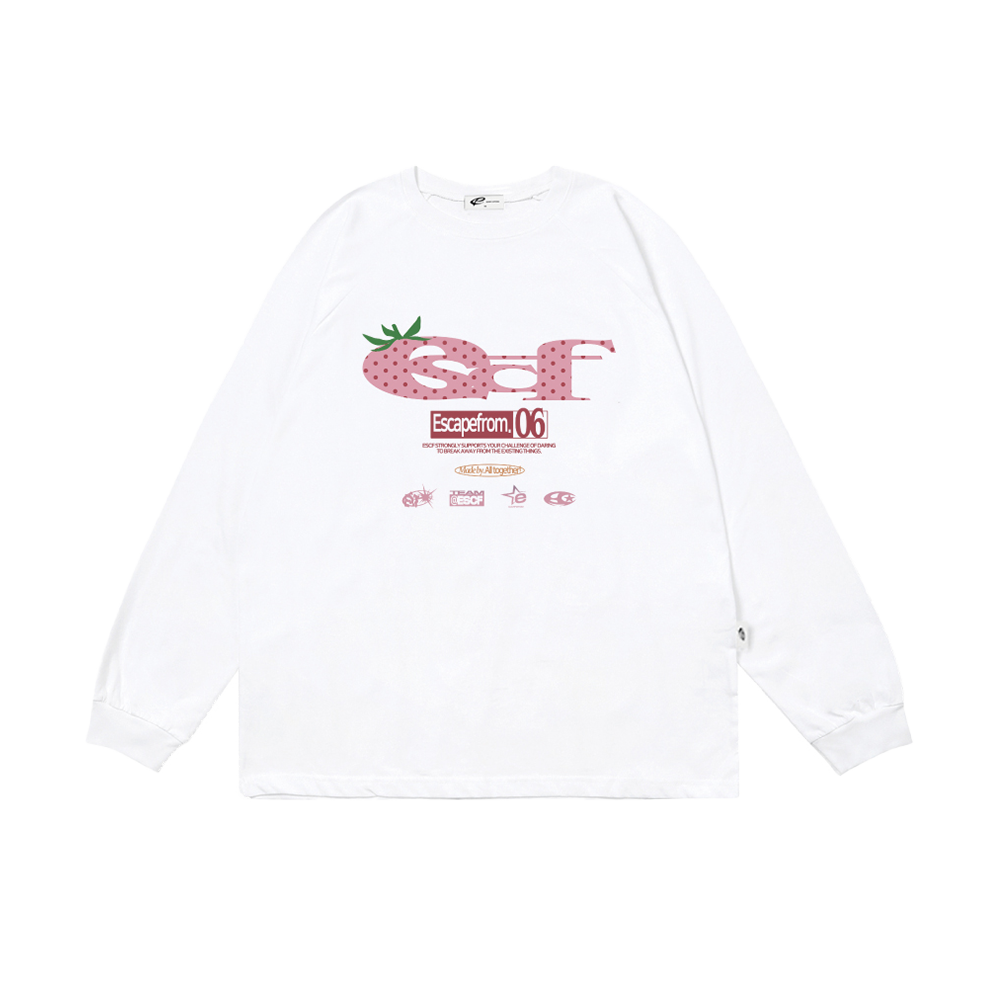 E252LS001WH Escapefrom Strawberry Dot ESCF Logo Collage Print Long Sleeve T-shirt White