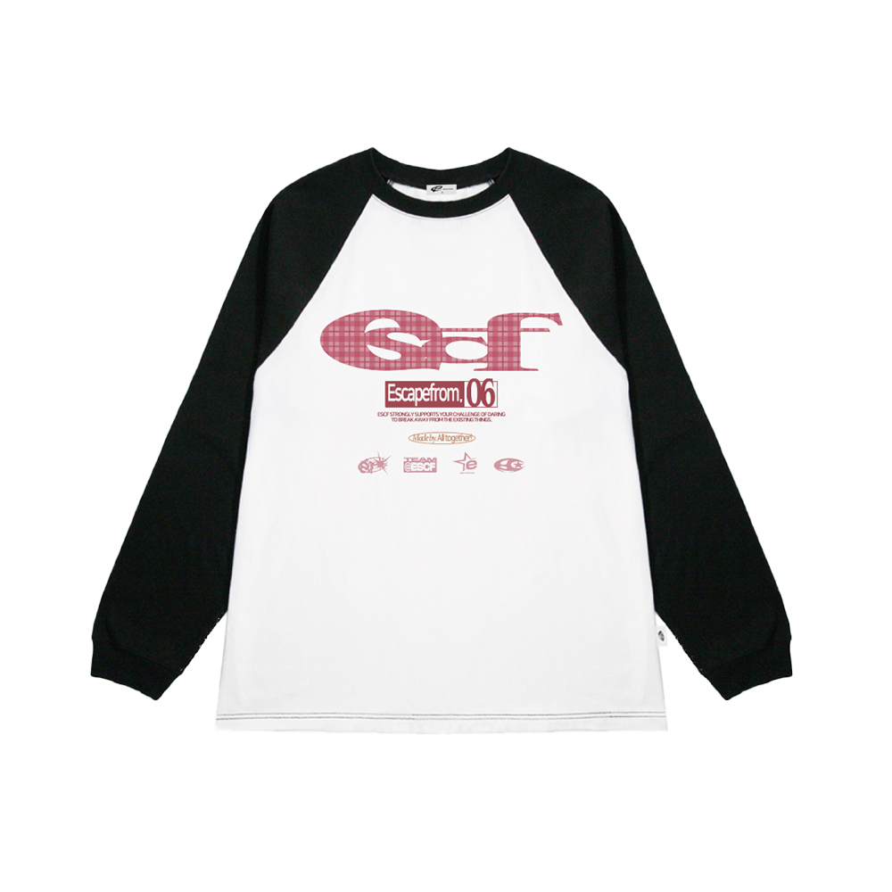 E252LS022BK Escapefrom Pink Check ESCF Logo Collage Print Long Sleeve T-shirt Black
